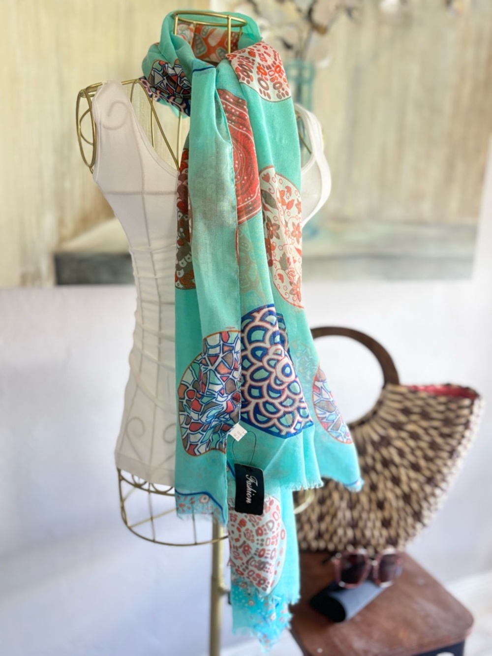 NWT Turquoise Boho Viscose Scarf Wrap 72x34 Lightweight Beach - Picture 3 of 6